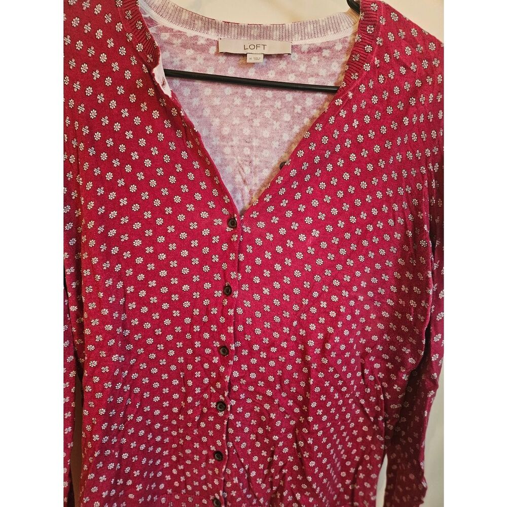 LOFT Red and Cream Floral Dot Knit Cardigan